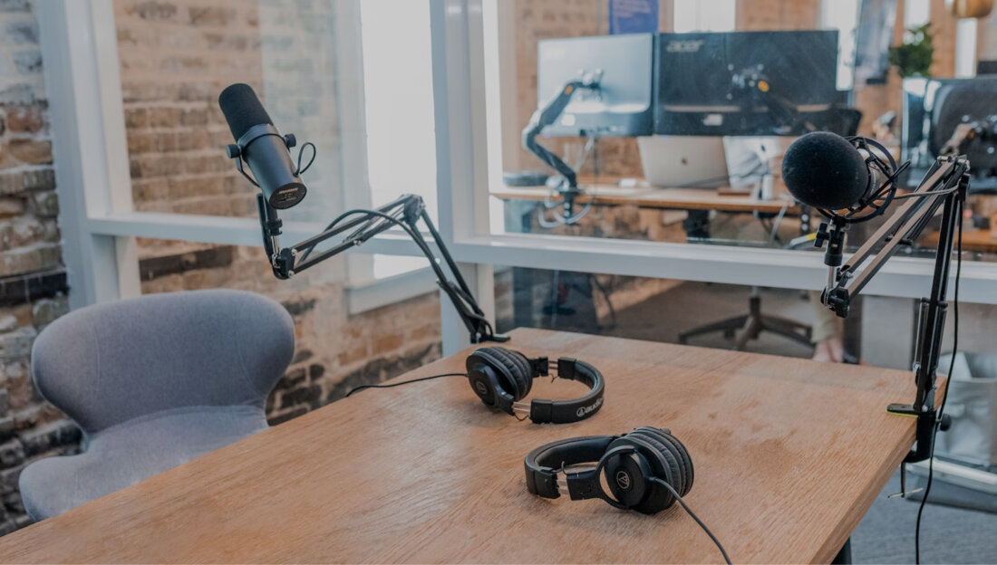 A podcaster's equipment. A podcaster's equipment.