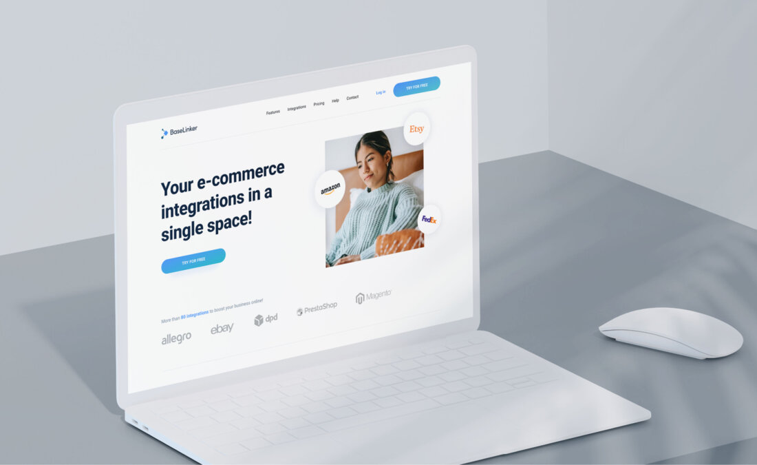 A white laptop open on the BaseLinker homepage. A white laptop open on the BaseLinker homepage.