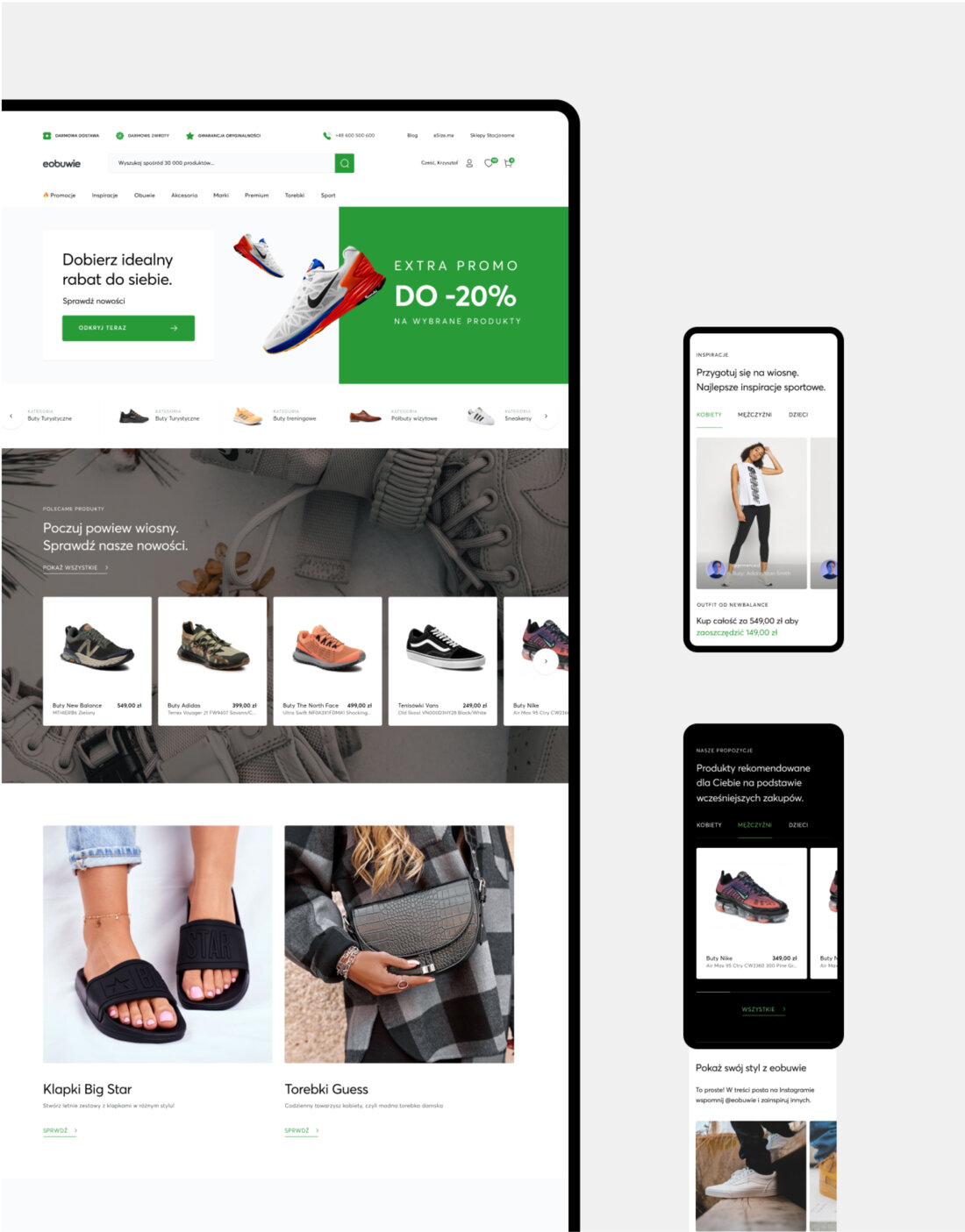 eObuwie's homepage and mobile screens.