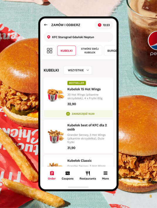 KFC's mobile app screen. KFC's mobile app screen.