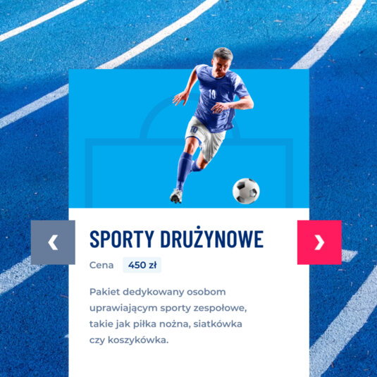 A tile from ALAB Sport's website saying: "Sporty drużynowe. Cena: 450 zł. Pakiet dedykowany osobom uprawiającym sporty zespołowe takie jak piłka nożna, siatkówka czy koszykówka".