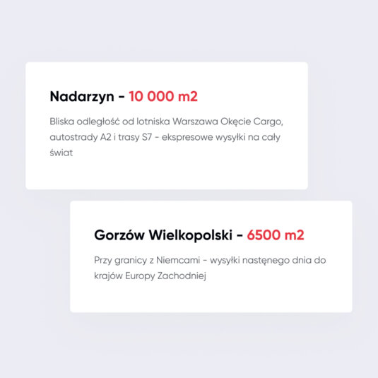 A screenshot from the Omnipack website with two tiles: "Nadarzyn – 10000 m2; Bliska odległość od lotniska Warszawa Okęcie Cargo, autostrady A2 i trasy S7 – ekspresowe wysyłki na cały świat" & "Gorzów Wielkopolski – 6500 m2; Przy granicy z Niemcami – wysyłki następnego dnia do krajów Europy Zachodniej".