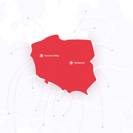 A map of Poland from Omnipack with highlights on Gorzów Wielkopolski and Nadarzyn.