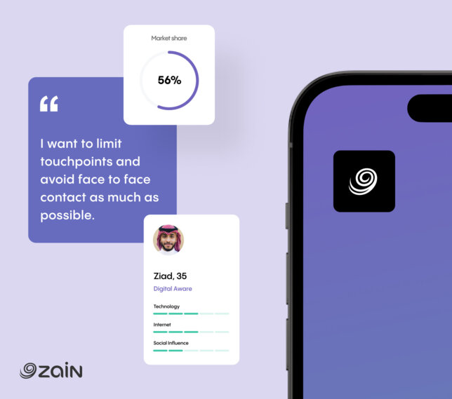 Zain's digital platform with a quote from its users: "I want to limit touchpoints and avoid face to face contact as much as possible".