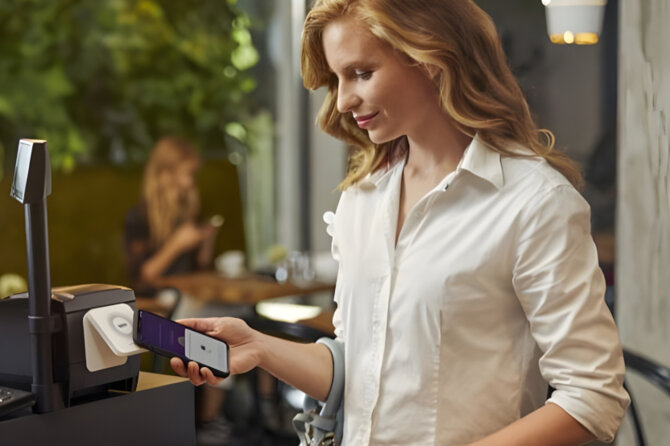 A woman paying with her phone.